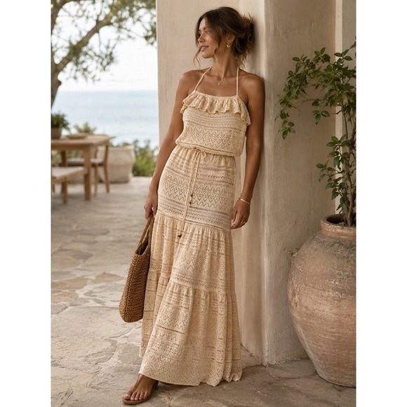 ba&sh Dresses & Skirts - Bash Ba&sh Halter Dress L Cream Crochet Knit Maxi Cotton Boho Beach NWOT Beach